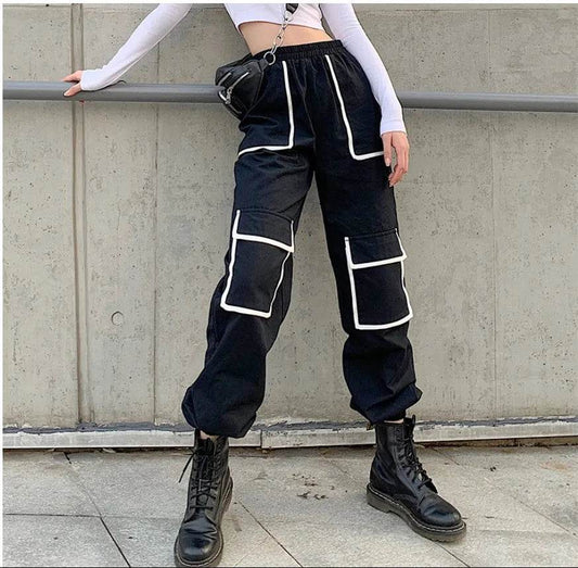 White Stripe Cargo Pants Women Trousers Pockets Patchwork Contrast Color High Waist Pants Hip Hop Capris - Velora