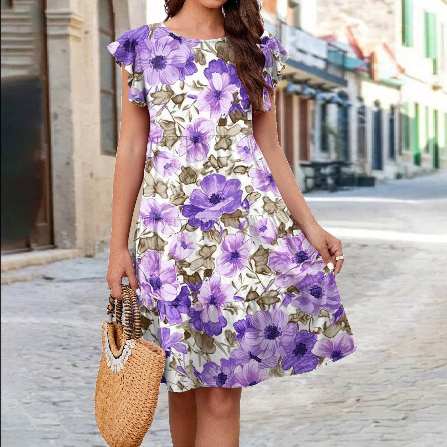 Ruffle Sleeve Dress Summer Loose Flower Print Beach Dresses Sweet Skirt Women - Velora
