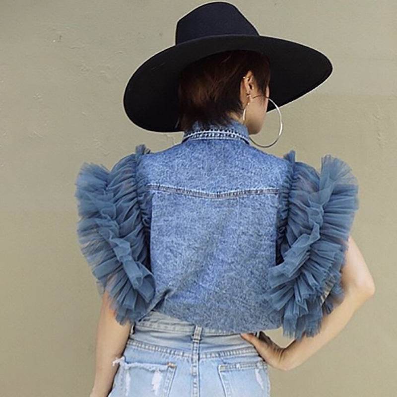Single Breasted Lapel Frayed denim jacket Clothing top women - Velora