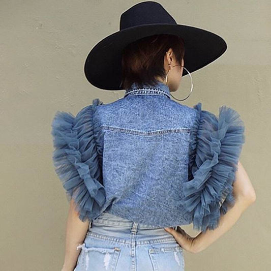 Single Breasted Lapel Frayed denim jacket Clothing top women - Velora