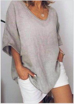 Spring Summer Loose Short Sleeves cotton linen blouse top Women Summer Tops - Velora