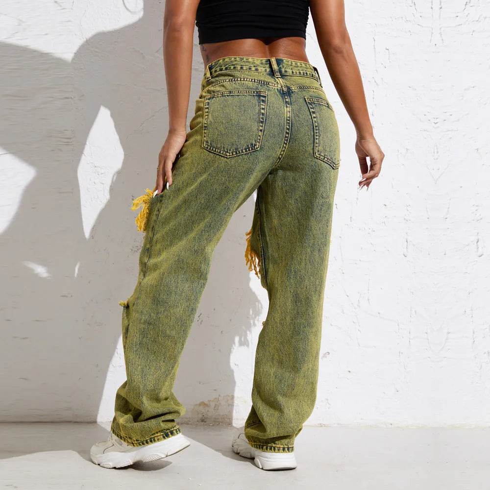 Shascullfites Melody Yellow Wash Streetwear Split Loose Straight Ripped Baggy Jeans Y2K Retro Women Denim Pants - Velora