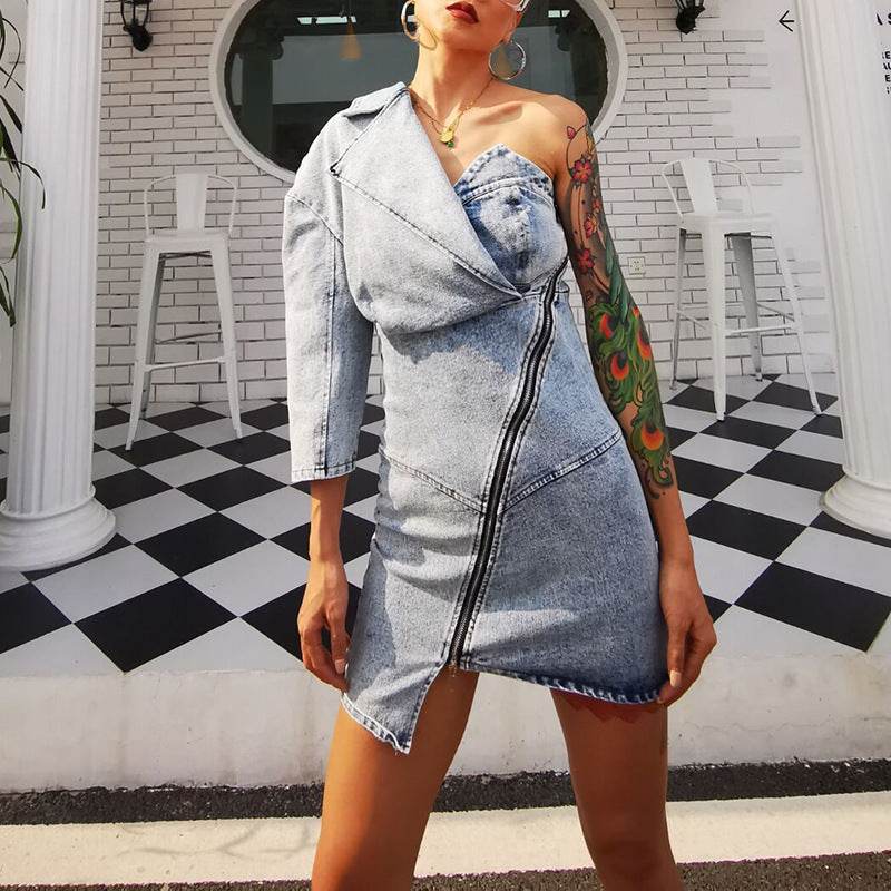 Street Fashion One shoulder Denim Mini Jeans hip dress - Velora