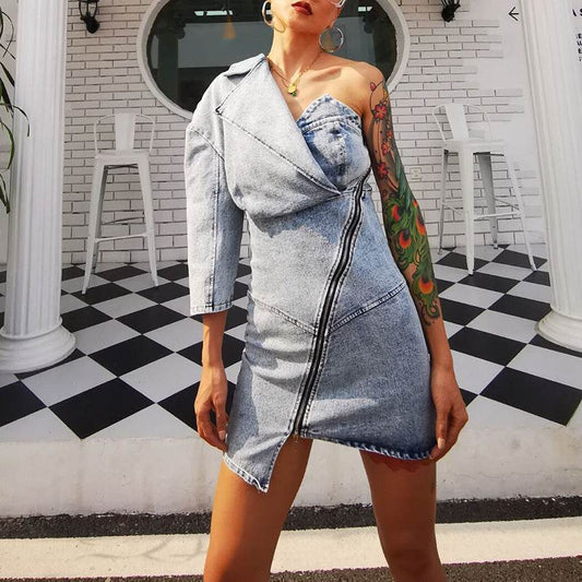 Street Fashion One shoulder Denim Mini Jeans hip dress - Velora