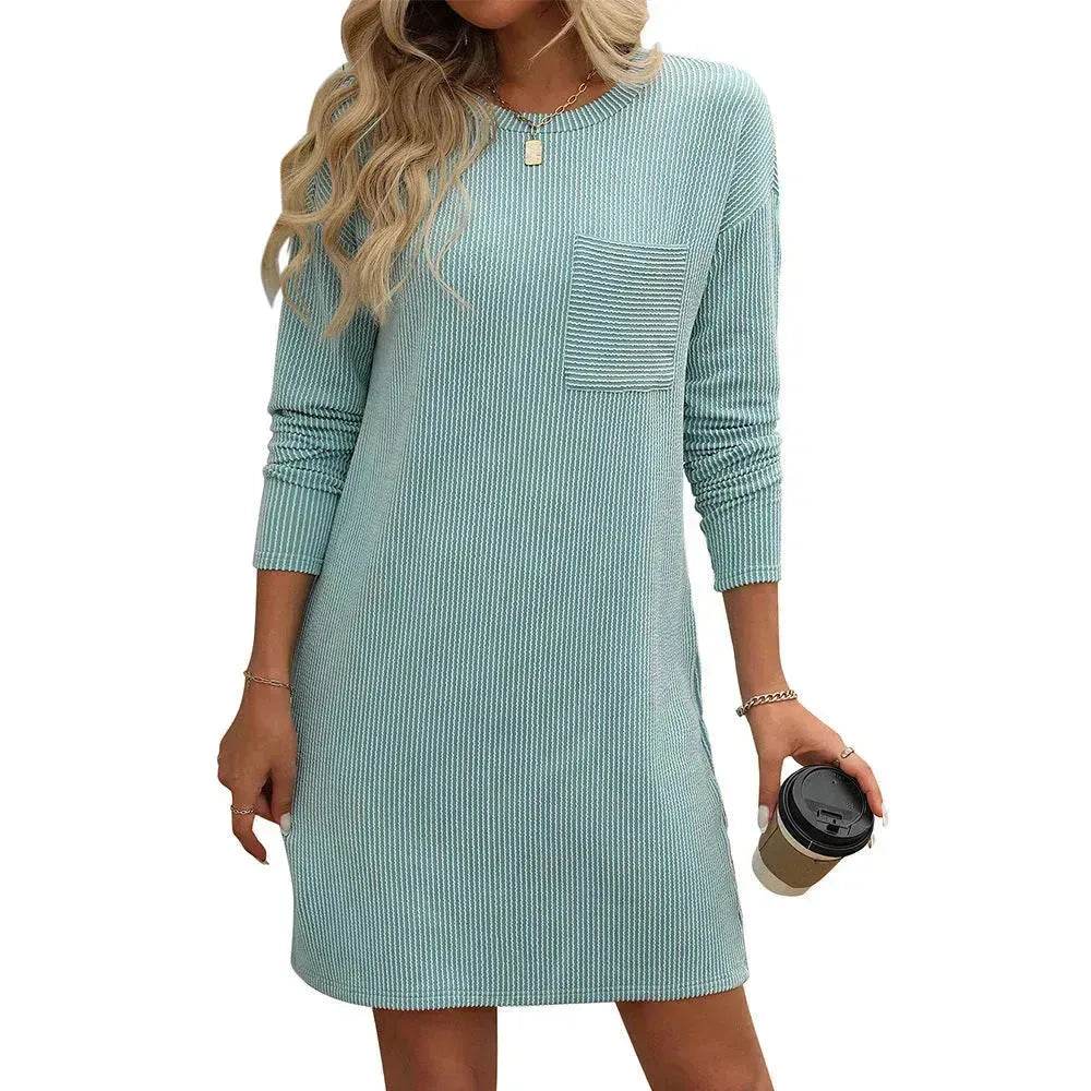 Casual New Solid Color Striped With Pockets Long Sleeve Loose Mini Dress Fashion Round Neck Straight Dress Women's Clothing - Velora