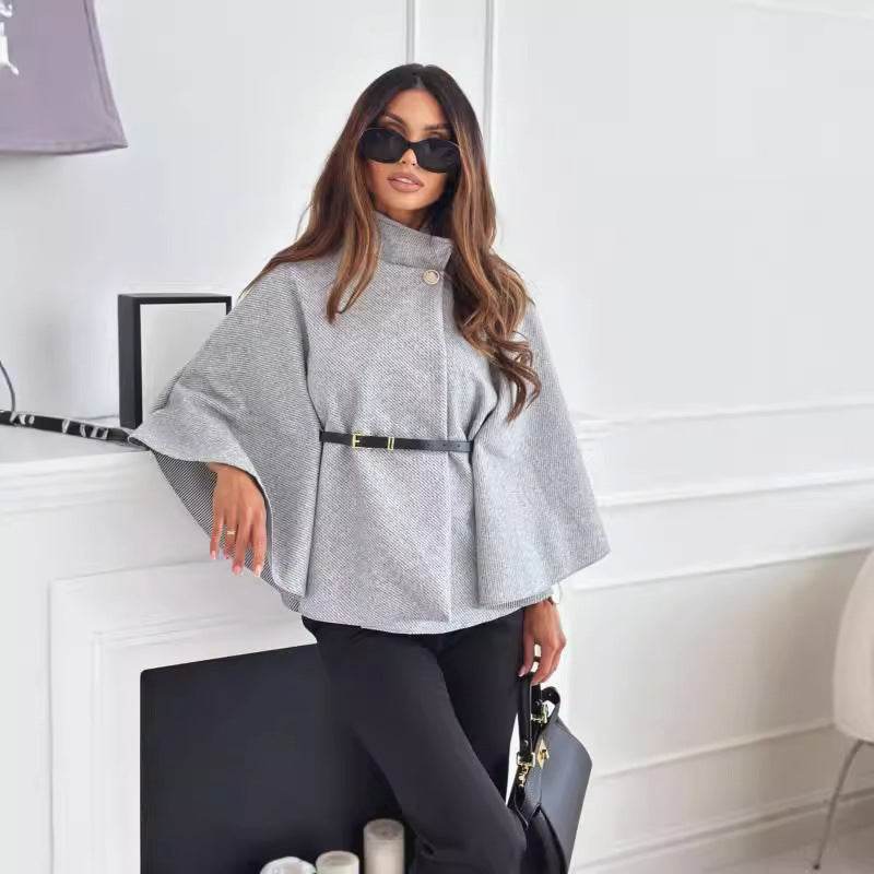 New Stand Collar Batwing Sleeves Cloak Top With Belt Ins Fashion Temperament Jacket Woolen Sweater Outwear For Women Clothing - Velora