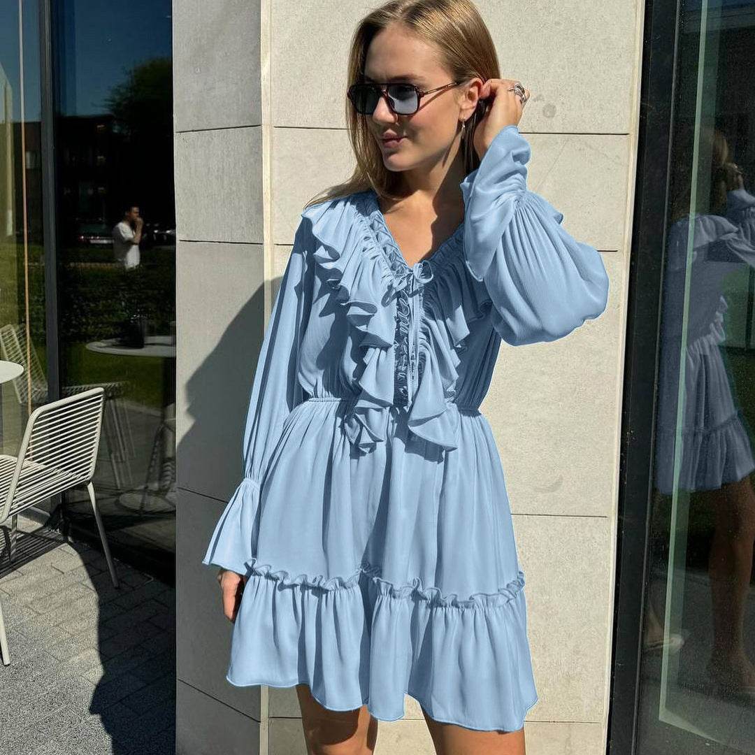 Fashion V Neck Pleated Ruffle Long Sleeve Dress Y2K V Neck Flared Sleeve Short Dress Women's Clothing - Velora