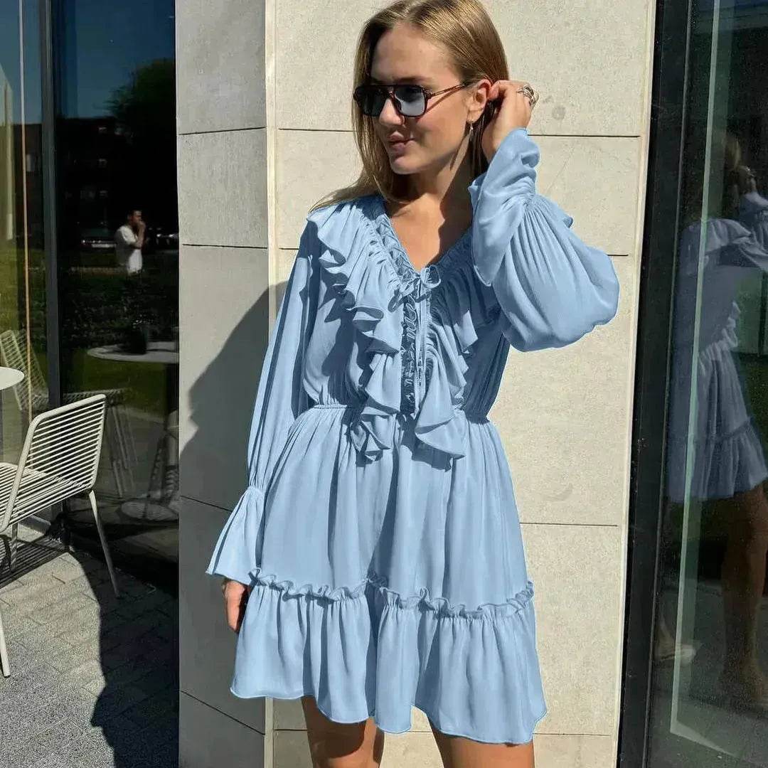Casual Fashion V Neck Pleated Ruffle Long Sleeve Dress Y2K V Neck Flared Sleeve Short Mini Skater Dress Women's Clothing - Velora
