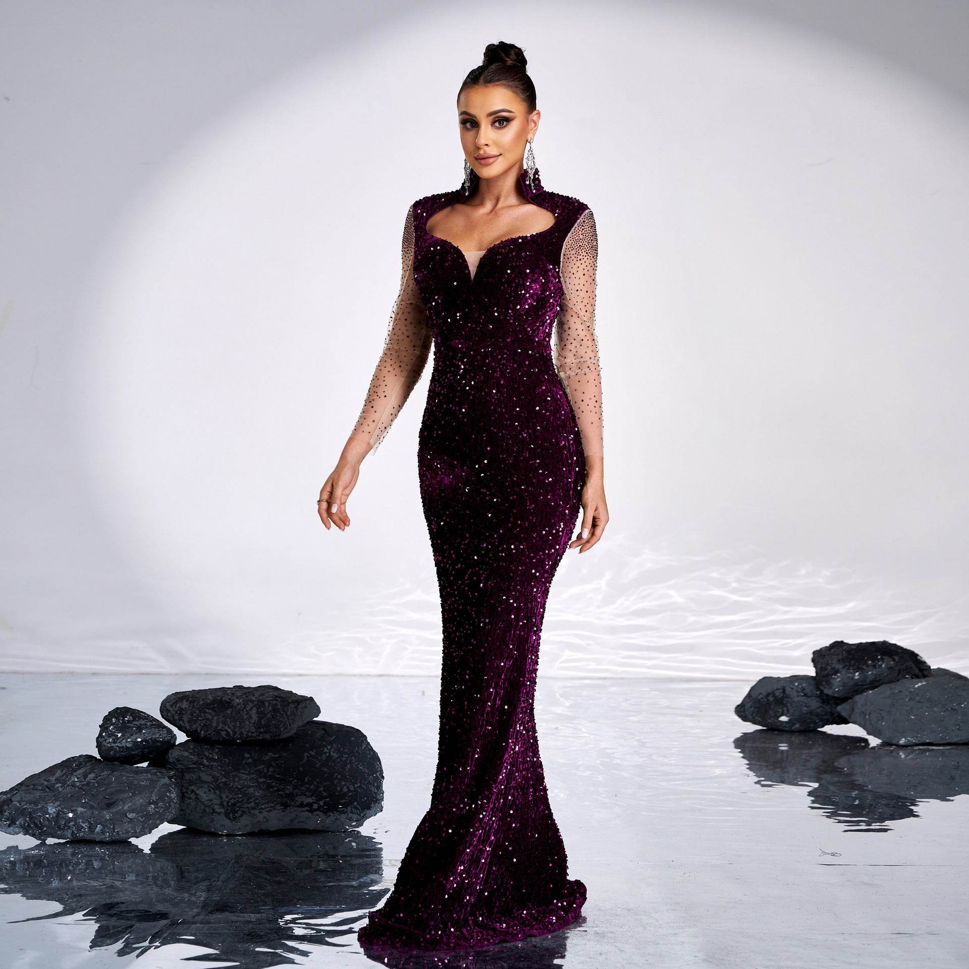 Long Sleeve Banquet Sequined Rhinestone Mermaid Party Dress - Velora