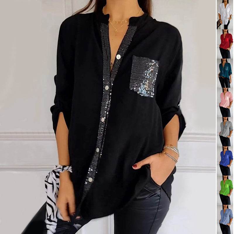 Casual Button-down Long Sleeve Shirt With Sequin Pocket Design Fashion Commuter Top Women Clothing - Velora