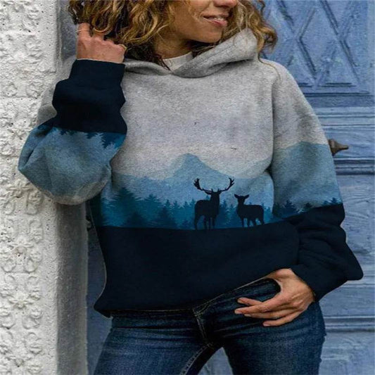 Hooded Long Sleeve Digital Printing Loose Casual Sweater For Women - Velora