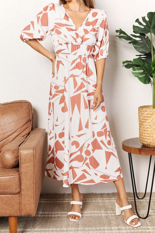 Printed Surplice Balloon Sleeve Dress - Velora