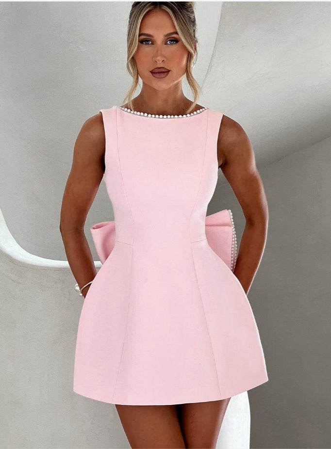 Fashion Big-Bowed Pearls Backless Dress Summer Slim Sleeveless A-line Dresses For Party Evening Women's Clothing - Velora