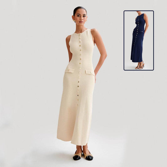 Elegant Knitted Sleeveless Dress With Single Breast Fashion Slim Round Neck Long Dresses Womens Clothing - Velora