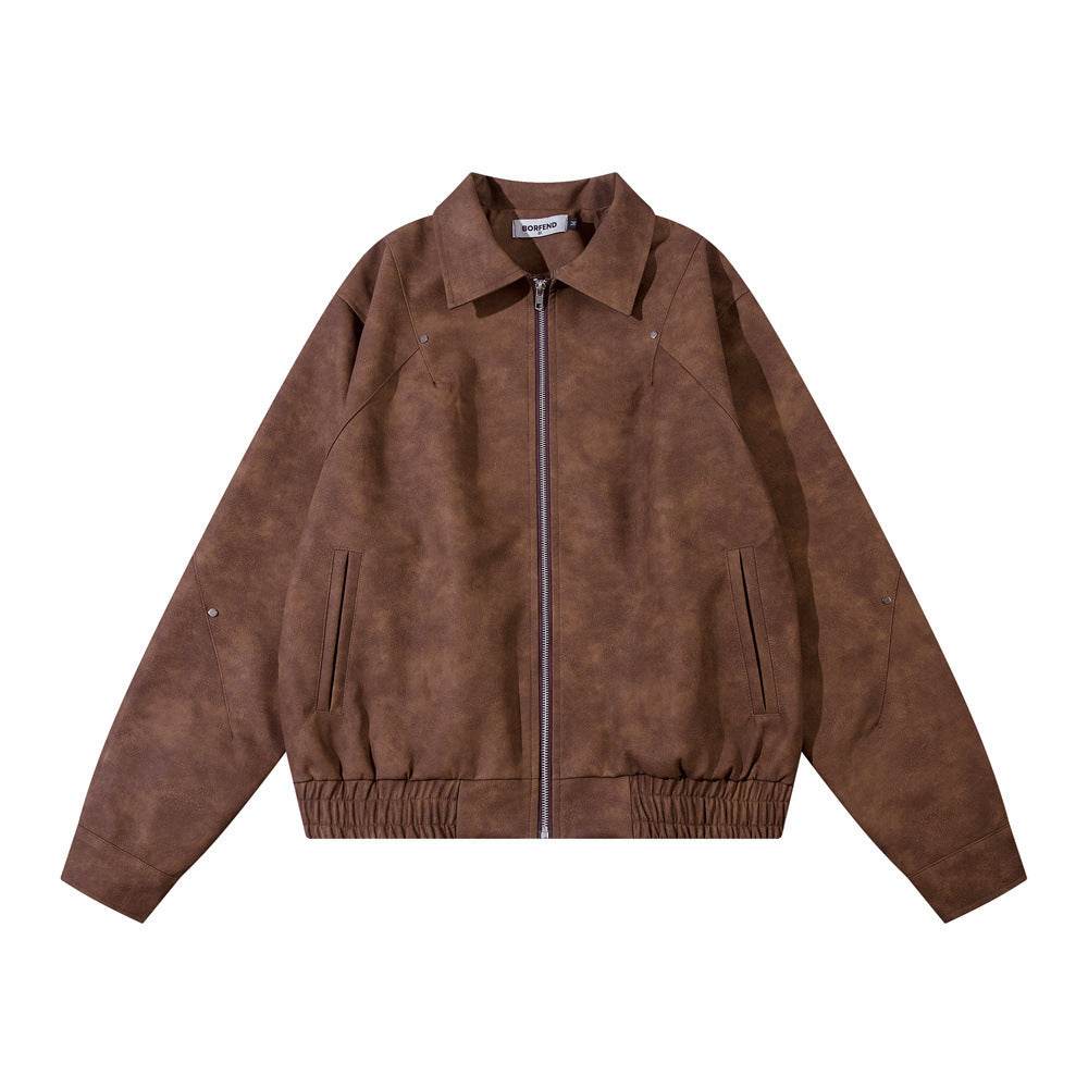 Men's Loose Casual Polo Collar Leather Coat - Velora