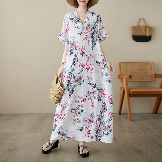 Women's Cotton And Linen V-neck Plus Size Loose Vacation Style Beach Skirt - Velora