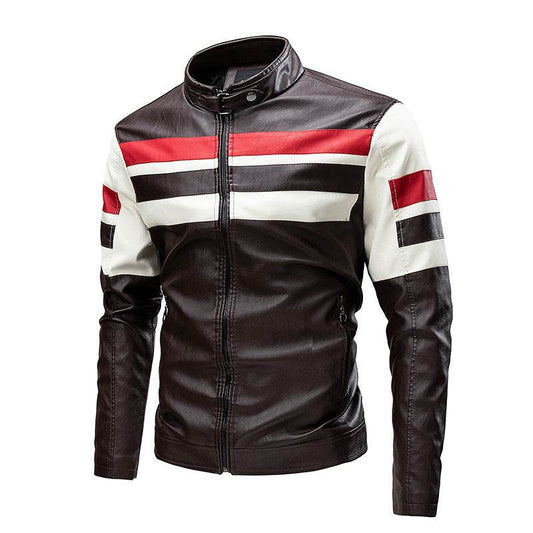 Motorcycle Stitching Leather Jacket Men Stand Collar Retro - Velora