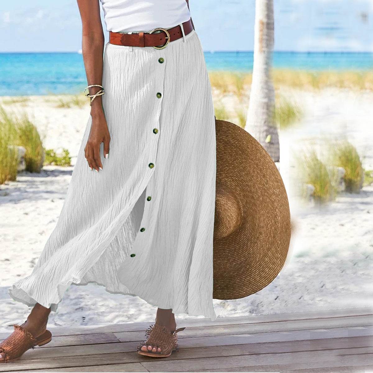 Women's summer Fashion Cotton Linen A-Line Hip Mid Waist Long maxi Skirt - Velora