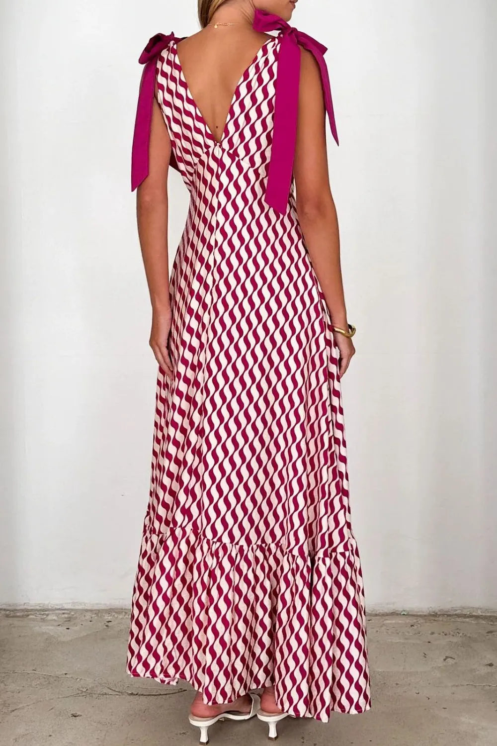 Printed V-Neck Tie Shoulder Midi Cami Dress - Velora