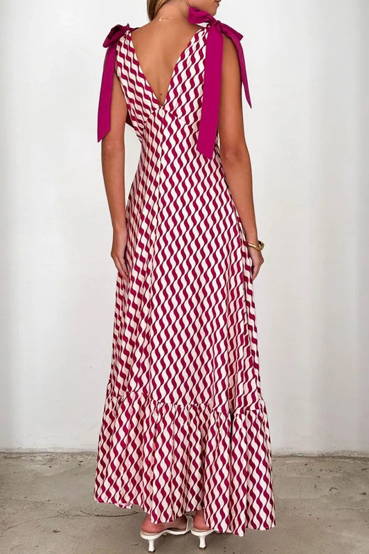 Printed V-Neck Tie Shoulder Midi Cami Dress - Velora