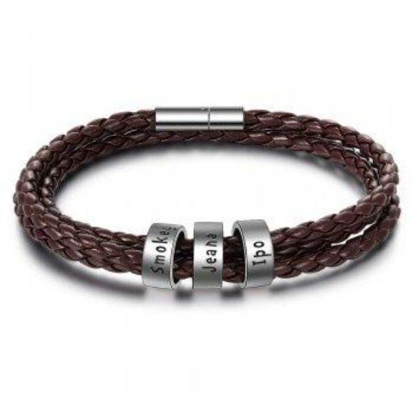 Personalized Mens Braided Genuine Leather Bracelet Stainless Steel Custom Beads Name Charm Bracelet For Men With Family Names - Velora