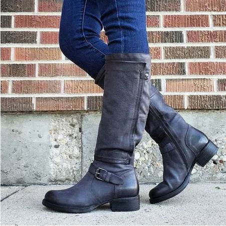 Round Toe Low Heel High Leg Boot - Velora