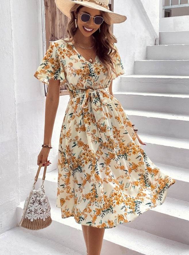 Women Bohemian Spring Short sleeve Casual flowy V-neck Tie belt Floral Summer Midi Dress - Velora