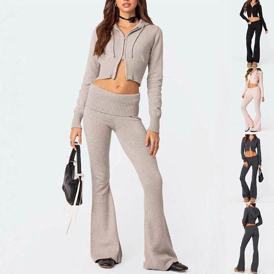 Fashion Knitted Hooded Suit Long Sleeve Zipper Cropped Top And Slim Flared Pants Trousers Solid Outfits Women's Clothing - Velora