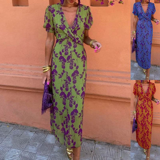 Summer V-neck Short-sleeved Dress Fashion Flowers Printed Slim Beach Dresses For Women Clothing - Velora