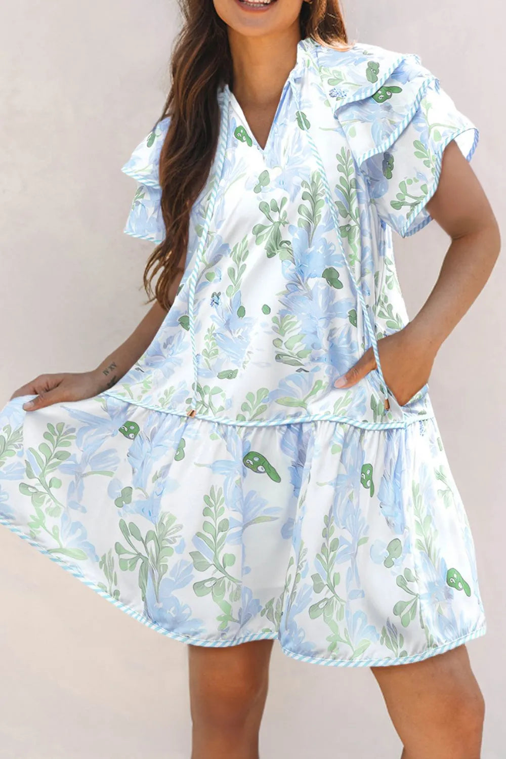 Floral Contrast Edge Layered Short Sleeve Mini Dress - Velora