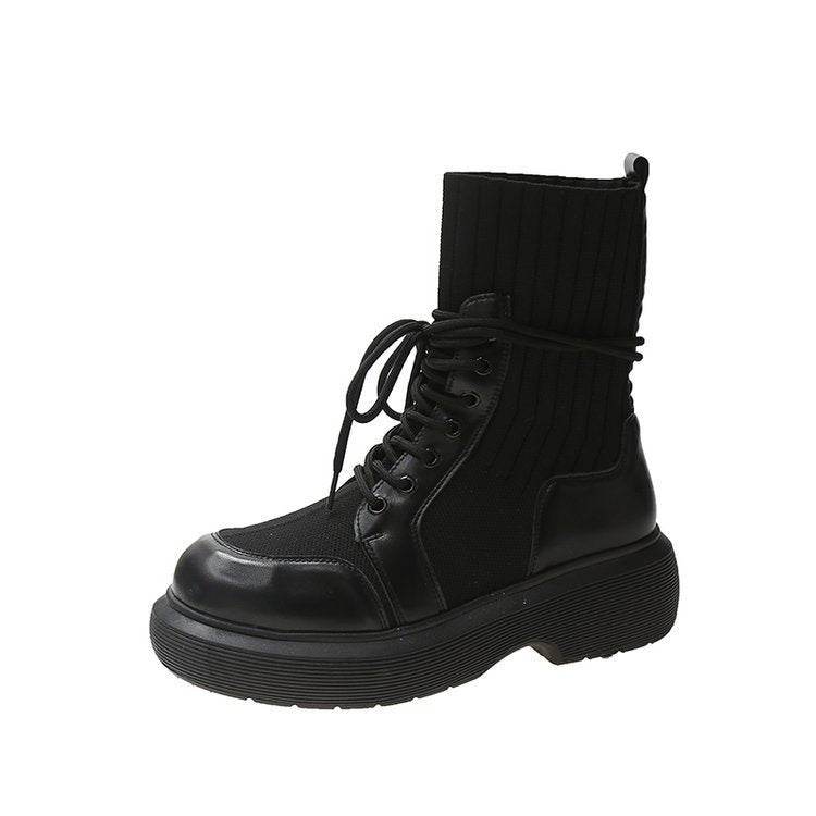 Green Martin With Lace-up Thick-bottomed Heightening Straps Boots - Velora