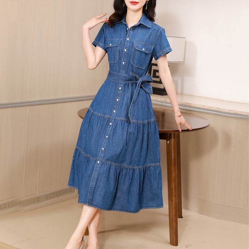 Classy Elegant Single Breasted Denim flared Midi Dress - Velora
