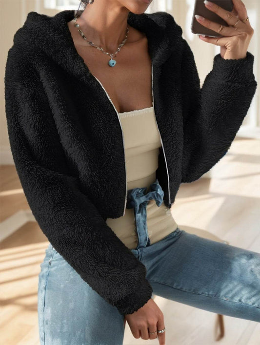 Solid Color Zip-up Teddy Hoodie, Casual Long Sleeve Hoodie Jacket - Velora