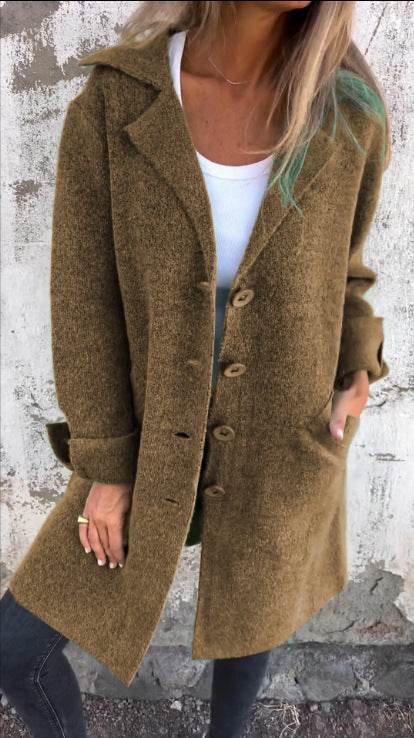 Lapel Single Breasted Cardigan With Pockets Fashion Color Solid Mid-Length Outwear Coat Womens Clothing - Velora