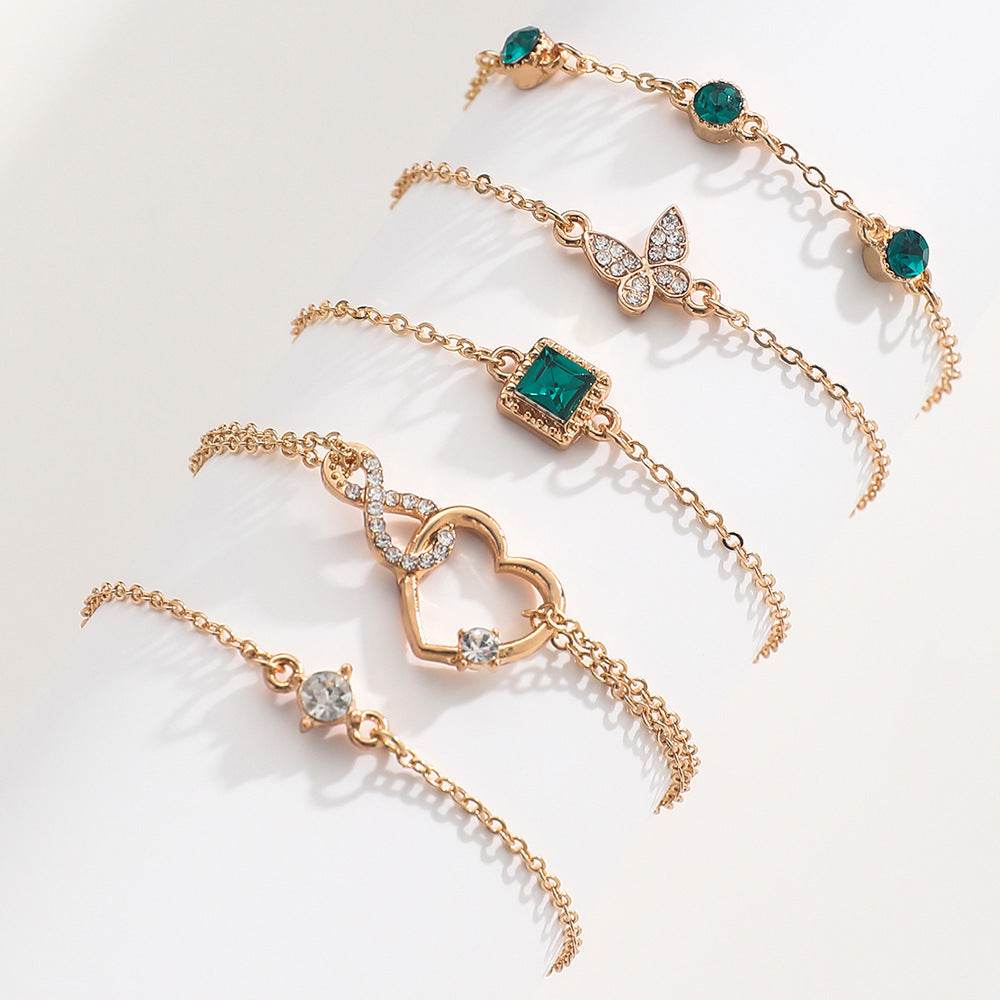 Bohemian 5pc Green Crystal Bracelets Jewelry Set For Women Heart Bracelet Wedding Engagement Bracelet Fashion Jewelry - Velora