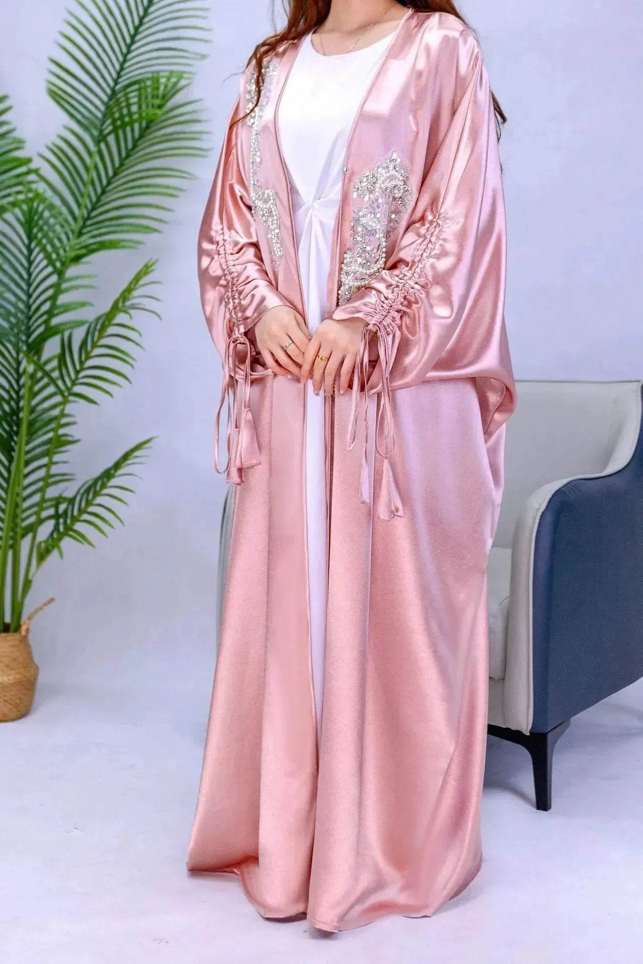 Simple Middle East Turkey Solid Color Plus Size Satin Robe Dubai Abaya Coat Turkey Abaya Kimono - Velora