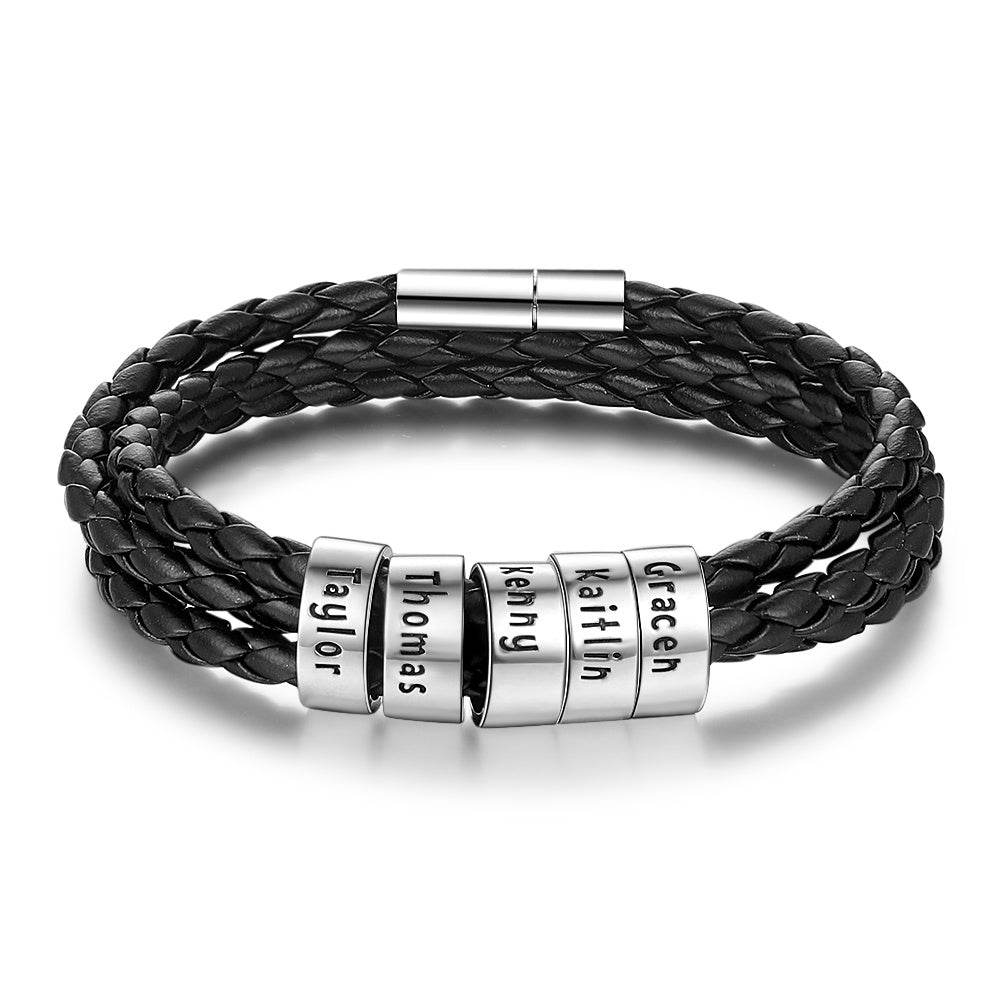 Personalized Mens Braided Genuine Leather Bracelet Stainless Steel Custom Beads Name Charm Bracelet For Men With Family Names - Velora
