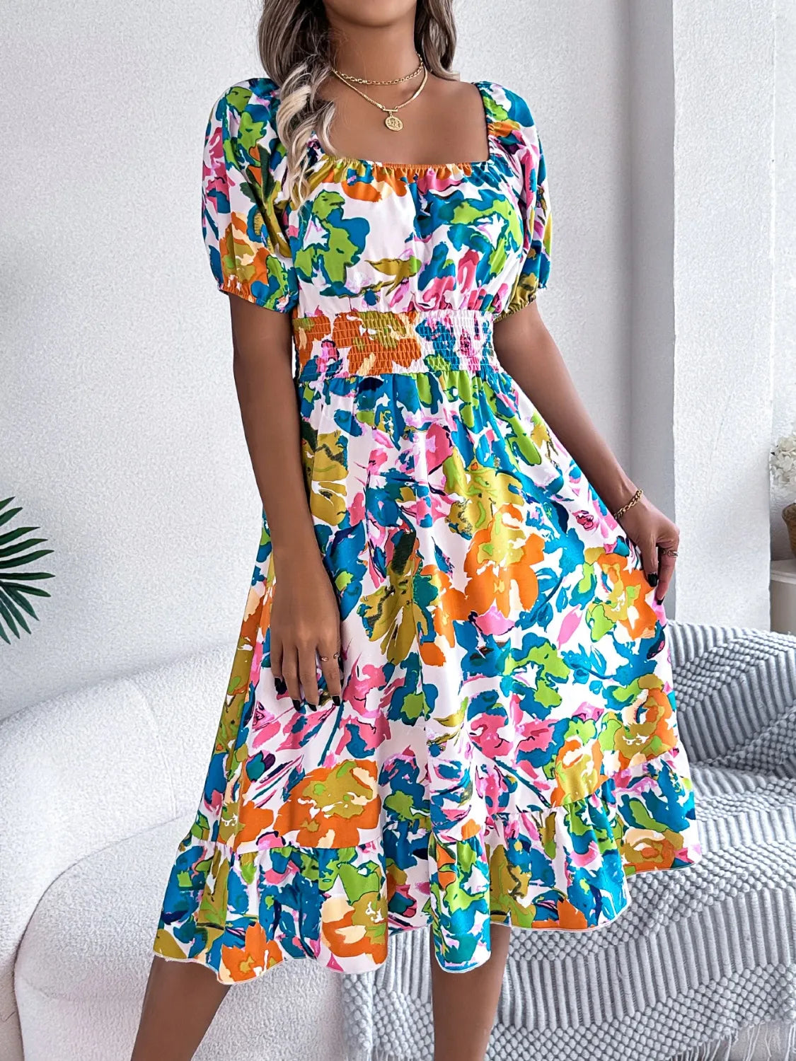 Ruffled Hem Smocked Floral Short Sleeve Midi Dress - Velora