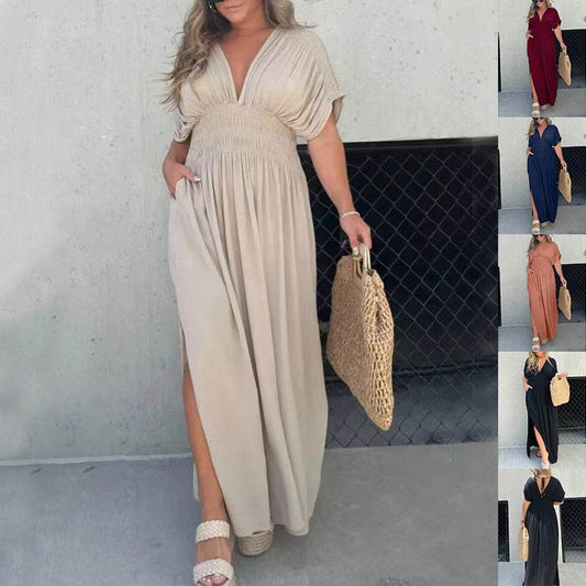 Fashion Bat-sleeved V-neck Slit Dress Summer Short Sleeve Elastic Waist Long Dresses Womens Clothing - Velora