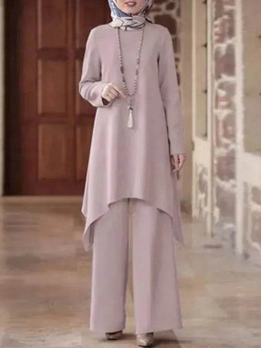 Two piece Arabset Middle East Solid Color Round Neck Pullover Midi Skirt and Pant Outdoor event ArabCo ord for Women ArabWork outfit - Velora