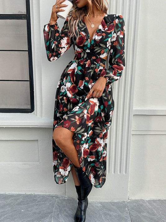 Fashion Florals Print Long Sleeve Dress Casual Holiday Tight-waisted V-neck Dresses Women Clothing - Velora