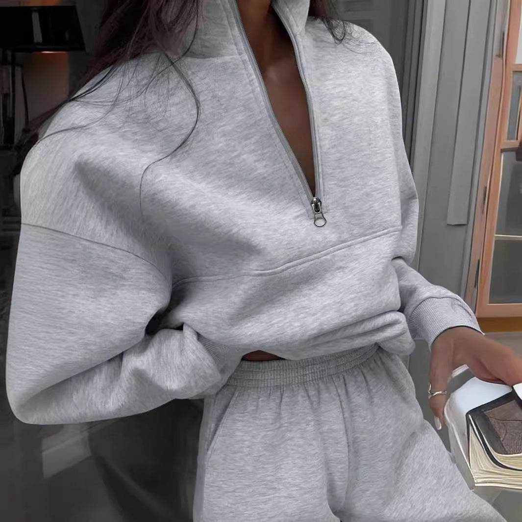 Long-sleeved Sports Sweatshirt Suit Fashion Stand-up Collar Zip-up Top And Elastic Band Trousers With Pocket Srping Fall Clothing For Women - Velora
