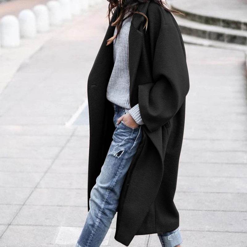 Casual Long Jacket With Pockets Solid Color Single Breasted Lapel Woolen Coat For Women Warm Winter Clothing - Velora