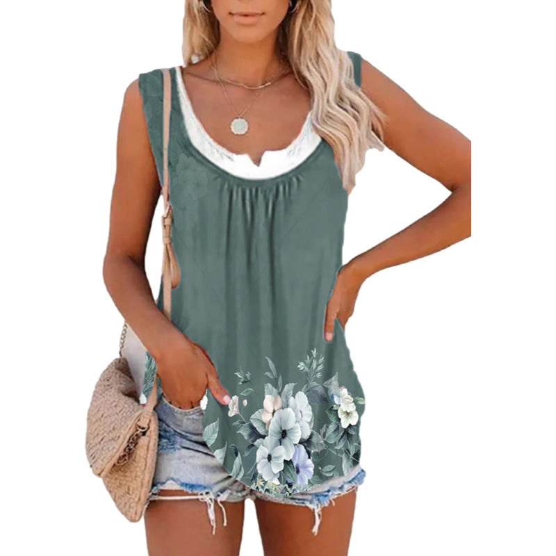 Casual Spring And Summer Tops Printed Sleeveless Pleating Vest T-shirt For Women - Velora