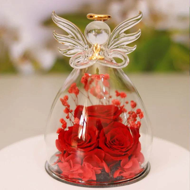 Eternal Flower Gift Box Angel Glass Cover Dried Rose Gift Box For Christmas New Year Valentine's Day Home Decor - Velora