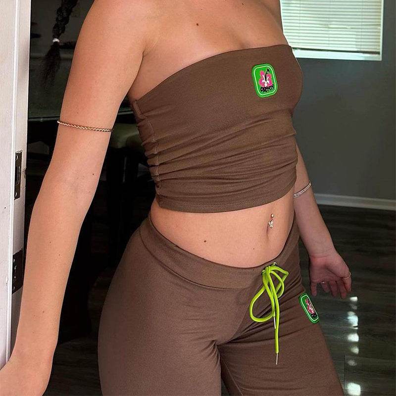 Fashion Summer Suit Embroidery Tube Top And High Waist Drawstring Bell-bottomed Pants Two-piece Set Womens Clothing - Velora
