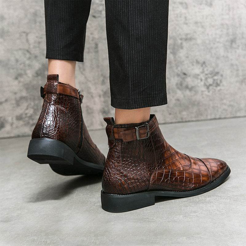 Men's Crocodile Pattern Boots Fashion Pointed Toe Low Square Heel Buckle Zipper Ankle Boots Business Formal Leather Shoes - Velora