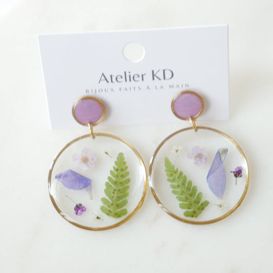 Boucles d'oreilles duo - les Violettes et la fougères - rond (XL 35mm) - Velora