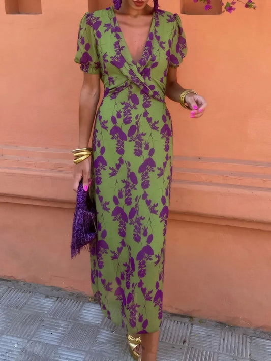 Printed Plunge Short Sleeve Midi Dress - Velora