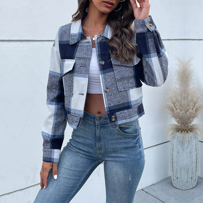 Plaid Lapel Cropped Jacket With Pockets Fashion Button Long Sleeve Short Outwear Tops Coat For Womens Clothing - Velora